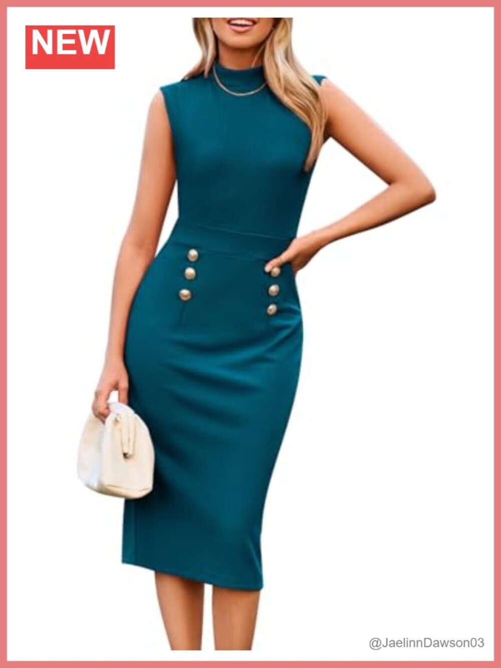 Sleeveless Mock Neck Double Breasted Bodycon Midi Work Dress